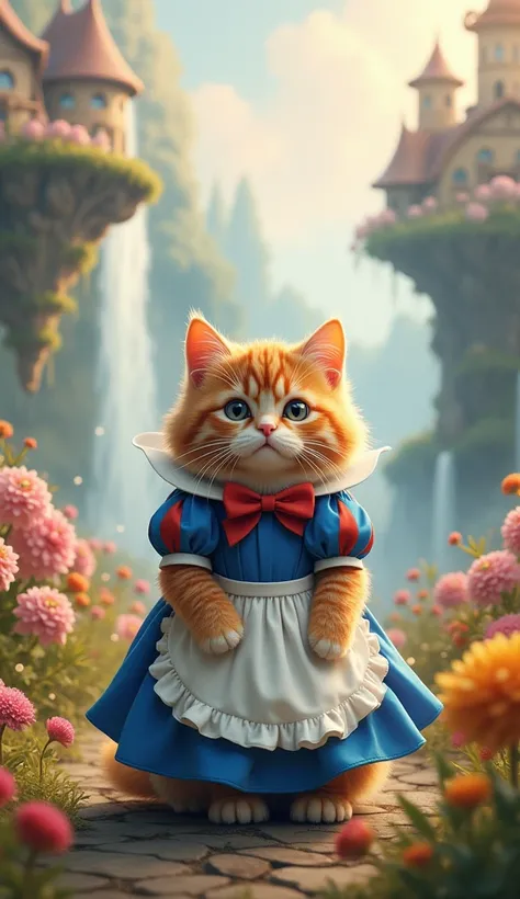 a cute little cat standing, dressing like snow white, dreamland, realistic