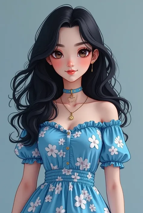 Generate a beautiful girl wearing a blue floral dress aesthetic standing her outfit color is blue combination of white with necklace name harley  in her neck and the color of her skin is white at the color of his hair is black long hair and weavy curl. Hal...