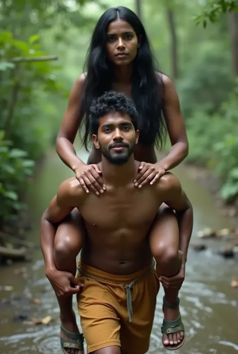 The Malayali woman sits on her servants  shoulder, women age is 30, large breasts, Wearing micro bikinis, Black Hair, full figure, Drunk, walking, reverse shoulder ride, wearing shoes ,hill areas, singing,  close up, dancing, Forest, river , realistic phot...