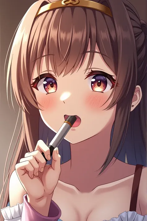 An anime girl,  sucking a cock, with cum in her mouth and face