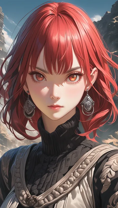 In anime girls、 has red hair and a black top with earrings,   anime Moe art style ,  anime style  portrait, in an  anime style , semirealistic  anime style , in  anime style ,  ANIME REALISM STYLE ,  realistic anime art style ,  realistic anime art style ,...