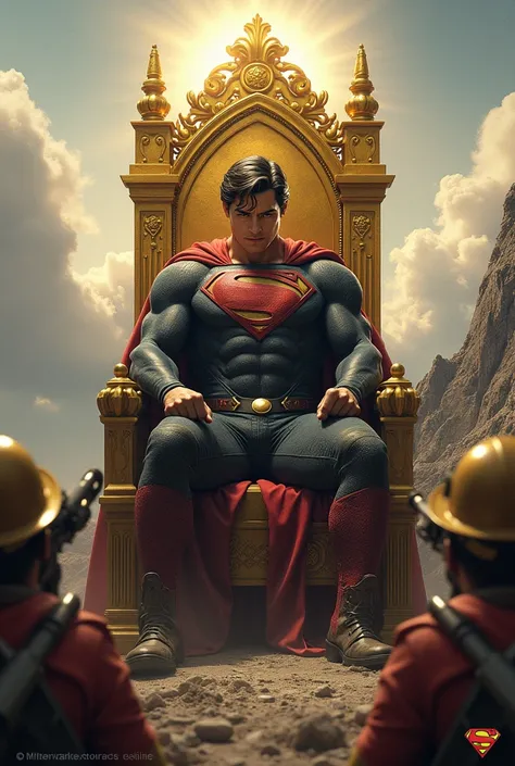 Superman in a miners suit and helmet on a golden throne on a mountaintop surrounded by gold-toothed miners and machine guns