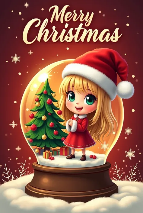 Create a Christmas SHIRT DESIGN, NO EDGES, with the name MERRY CHRISTMAS on it .  The image must have a golden snow globe with a red background with snowflakes and a blonde girl wearing a Christmas hat must be inside the snow globe and also inside there mu...