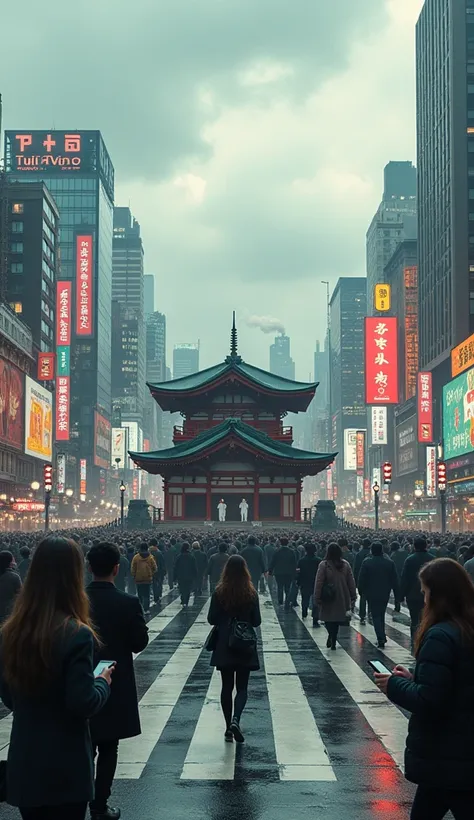 A symbolic depiction of the complexity of modern society, culture, and its contrasts. The scene features a bustling urban landscape filled with towering skyscrapers, neon advertisements, and crowds of people crossing a large intersection. Billboards displa...