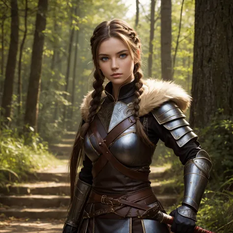 Attractive female warrior, forest,  blue eyes, brown hair,  Super Detailed,  Long Hair, brown leather armour, fur clothing, holding a sword, braids, 