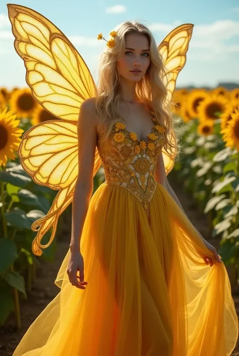  the Sunflower Fairy, a radiant being who captures the essence of summer. Her floor-length intricate gown is crafted from flowing silk and tulle in vibrant shades of golden yellow and amber with matching accessories. The bodice is intricately embroidered w...