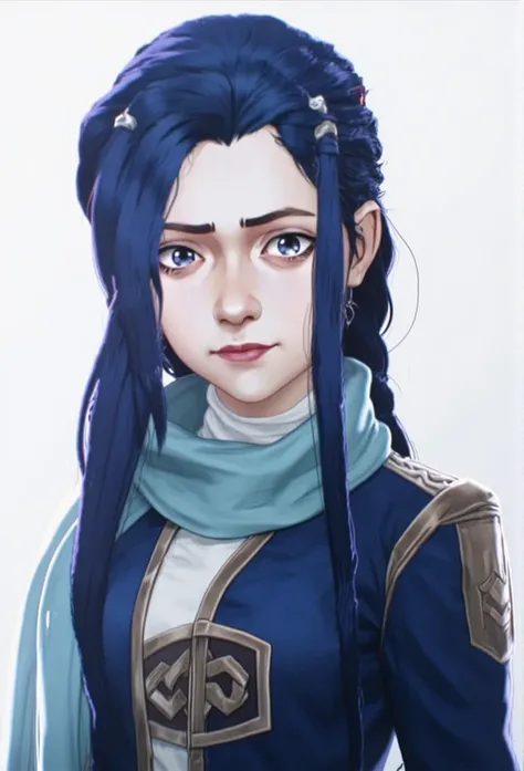 "Create a portrait of Hinata Hyuga from *Naruto*, with her long, dark blue hair falling over her shoulders and soft lavender eyes. She wears her signature navy blue jacket with the Konoha symbol on the front, a white turtleneck underneath, and a light blue...