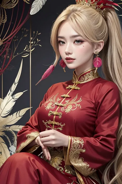 A woman in a red and gold Chinese dress，crown，ash blonde hair,（tmasterpiece，top Quority，best qualtiy，offcial art，Beauty and aesthetics：1.2），（1girl：1.3），The is very detailed，（s fractal art：1.1） ，Most detailed，（ zentangle:1.2), full body, (abstract backgroun...