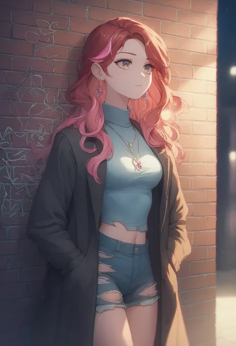 (( extremely fine CG unity 8k wallpaper)), (masterpiece,  Best Quality ,  1 girl,  unique ,  intricate details , Chromatic Aberration),  long hair, Redhead,  Hair accessories,  pink highlights , Heterochromatic Eyes , earrings, necklace, Neon shirt,  rippe...