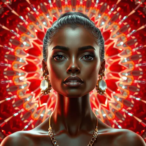 Photografy of a black woman with golden skin surrounded by a scarlet crystal dome, HD model,  Tall details,  hyper realistic texture .