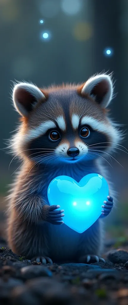 A photo of a cute, extra fluffy baby raccoon with large, expressive eyes. The raccoon is holding a glowing heart-shaped object that emits a radiant blue light. The raccoon is surrounded by a bokeh effect with various light orbs, giving the scene a magical ...