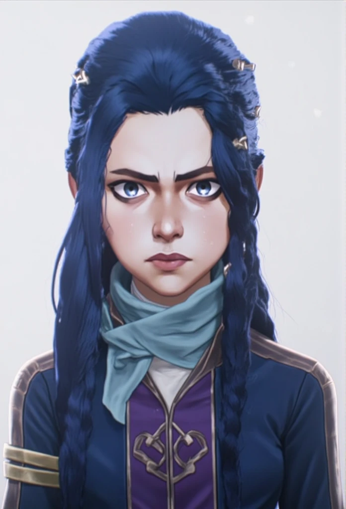 "Create a portrait of Hinata Hyuga from *Naruto*, with her long, dark short blue hair falling over her shoulders and soft lavender bakuya eyes. She wears her signature navy blue and purple jacket with the Konoha symbol on the front, a white turtleneck unde...