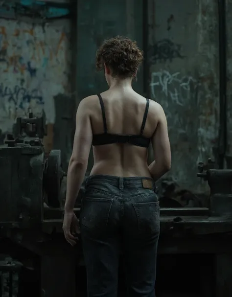 Cinematic photography, 25-year-old woman working in a workshop, back view, dark dirty jeans, black bra, large thighs and buttocks, white cutis, sweaty body, short curly hair, handling a lathe, poorly lit interior, dirty walls, Canon Mark III EOS 5D + DSLR ...