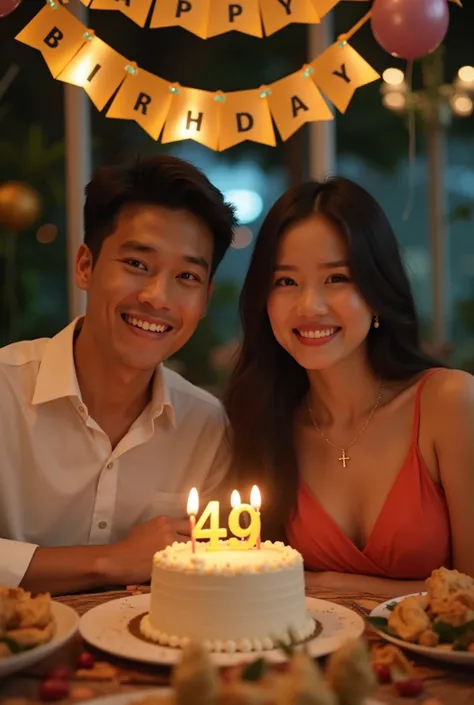 
 a birthday celebration dinner of an Indonesian woman showing 1 woman and 1 man wearing classy outfits,  the woman wore a necklace with a cross on the end ,  very realistic, UHD picture ,  fun and cheerful .  The two people are facing the camera .  The ma...