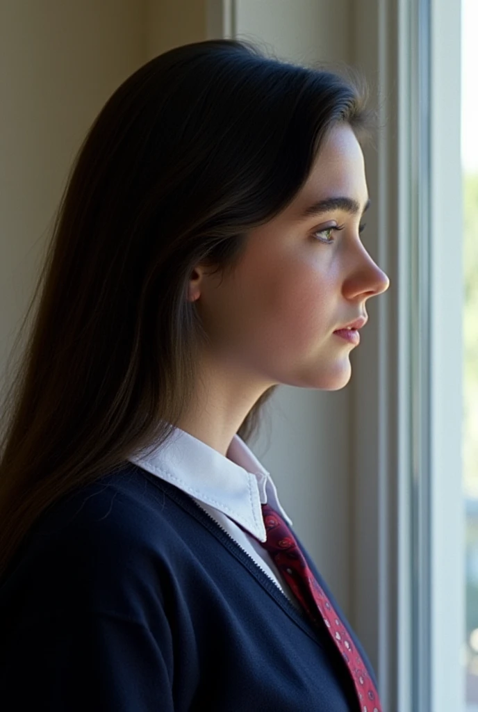 side view, a very lovely girl with long black hair, (at age 15), she wears a dark blue tidy school uniform and white shirt with a vivid vow tie., she has a flawless pale skin., (no make up), her natural beauty is accentuated., (the whiteness of her skin is...