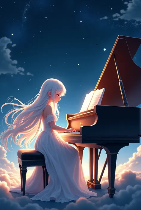 White-haired Anime girl playing piano under starry sky