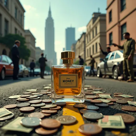 The perfume named “Per Money” is in the foreground, with a close-up view where the name “Per Money” is clearly visible on the bottle. In the background, on the left side, there are tall, expensive buildings and luxury cars, with wealthy people dressed in e...