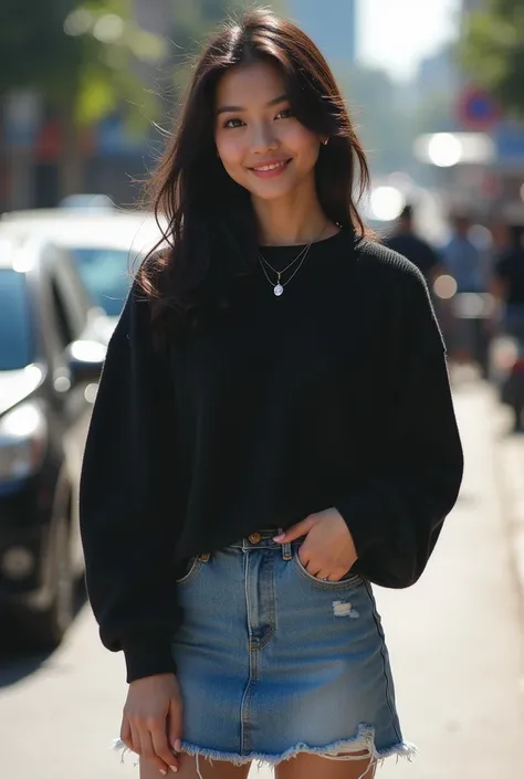 Photorealistic, high-quality 32k photo of a beautiful Indonesiaan girl in a casual, chic outfit, with detailed eyes and a charming smile, standing in a front of braga street, banyak mobil berlalu lalang,  She’s wearing a stylish black sweater and jeans ski...