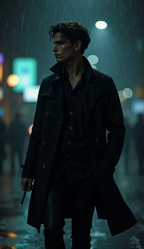 Handsome young man without beard with wavy hair ,  walking in the rain in the dark of the night holding a cigarette