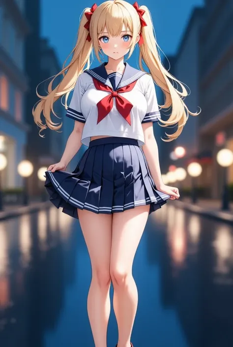 (masterpiece), best quality, expressive eyes, perfect face,girl, 1 girl, 18yo, Blonde, twintails, (((big titts))), dark blue eyes, (serious high school girl), school uniform,  sailor suit, middy uniform, (white shirt), red ribbon, (((((walking street))))),...