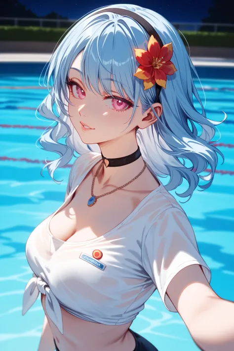 romancing saga 2, medium hair, pink eyes, light blue hair, (wavy hair:0.3), hair ornament, black hairband,
choker, necklace、(cropped shirt,tied shirt)
BREAK
25 year old woman、medium breasts,sexy Lip、Moist eyes、Gentle eyes、Gentle look,looking at viewer ,(Ra...