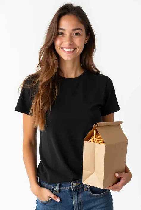 A beautiful young woman with long hair, wearing a sleek black t-shirt, holding a paper bag of fast food in one hand. She has a friendly and confident expression. The background is a clean, bright white, emphasizing the simplicity and focus on the subject. ...