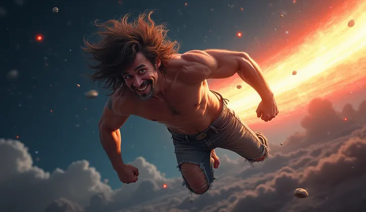 a realistic drawing of intense and vibrant colors of a funny-looking man, with abundant hair and very messy but stiff, he has only one pair of torn jeans, all torn, his naked torso and he is clinging to the tail of a comet that travels through the sky. spa...