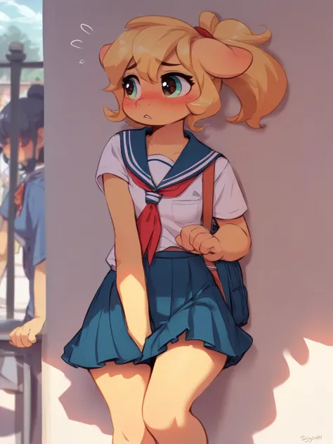 front view , A dimly lit classroom with the setting sun shining in
 , Blushing shy girl , (butter face :0.7) , school uniform , middle skirt , (upskirt , curtsy:1.4) , Leaning against the wall , show off sports underwear