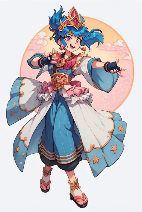 magical girl asian name yuko yamada blue two ponytail hair headdress a traditional Japanese robe guardian armor Short sleeve fingerless gloves  and skirt sandals  warrior bang  pants thunder  Tokyo 





