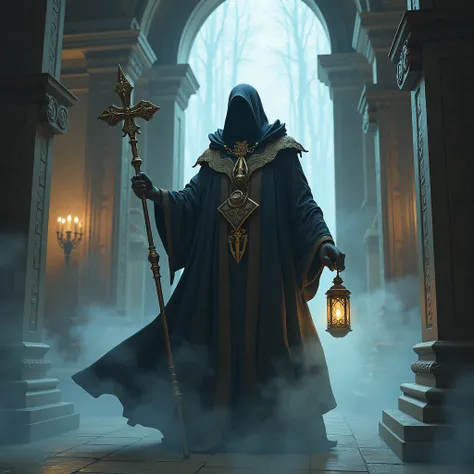  Human figure similar to Thresh from League of Legends . Kinder ,  being a priest who accompanies souls to cross to the beyond .  He wears a lantern in his hand and a cane with religious motifs in the other hand.  Around the neck he wears a necklace with a...