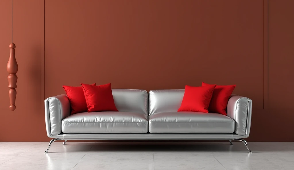 Silver sofa and red cushions on a sofa with a plain brown wall background realistic full hd 8K 