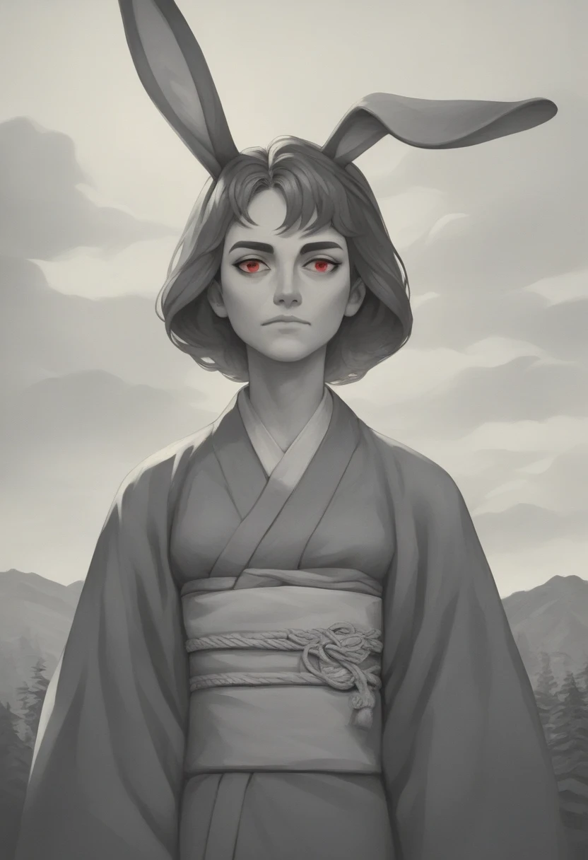 ( 1 girl:1.2),  unique , Shimecart, traditional Japanese costumes ,  red eyes , cartoon style , Joe Fenton,  an expressionless black and white photograph, camping, Indecent, painfully, envy, Gast (Kraft style),Calm,  Soft Smile , Wayne Barlow,, Is the orde...