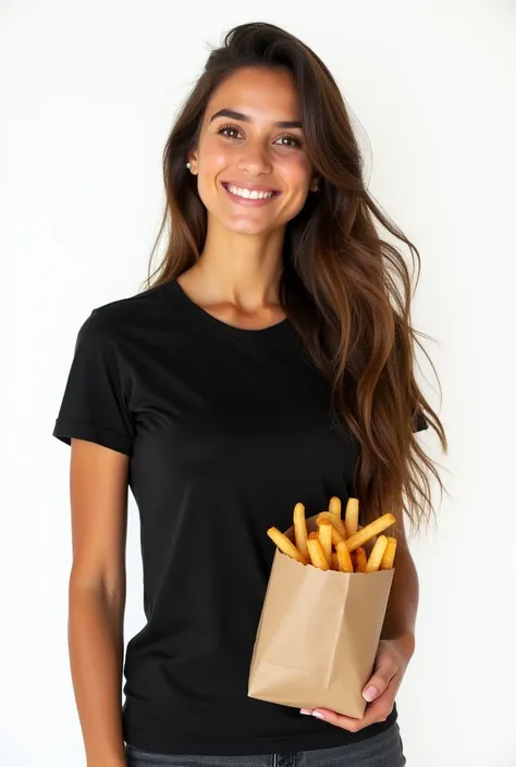 A beautiful young woman with long hair, wearing a sleek black t-shirt, holding a paper bag of fast food in one hand. She has a friendly and confident expression. The background is a clean, bright white, emphasizing the simplicity and focus on the subject. ...