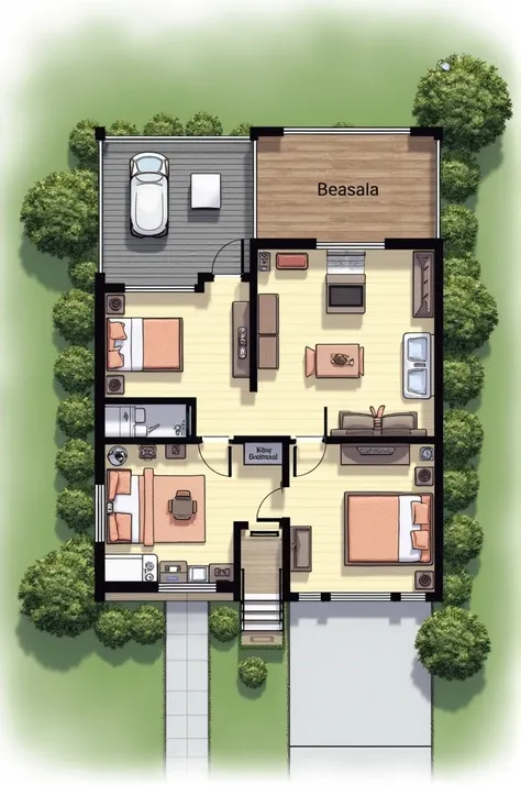 Floor plan of house with 02 bedrooms living room and American kitchen
