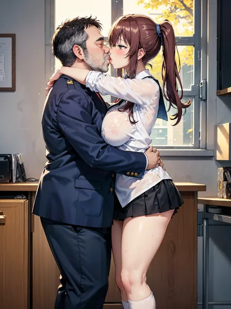 ( One Girl ,  fat middle-aged men who commit crimes until morning:1.2),   white shirt,  miniskirt, , ({{kissu), (),  office,  very detailed bust,  high definition , 4K, masterpiece,  high definition 、( my clothes are see-through :1.2)、 Twin Tails ,Big Brea...