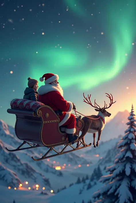 Santa on his sleigh with an older boy 
Heading to the North Pole, make sure the photo is horizontal 
