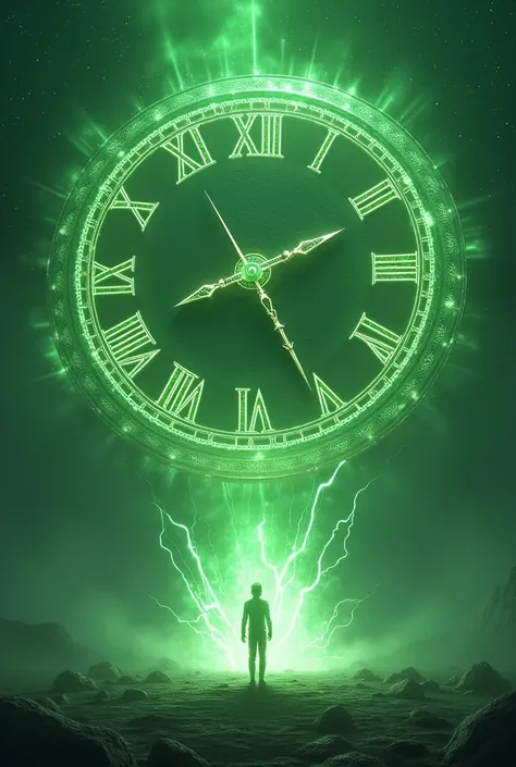 I want you to make a giant green energy clock floating in space and next to the clock I want you to make a small person expelling energy in the form of giant fists