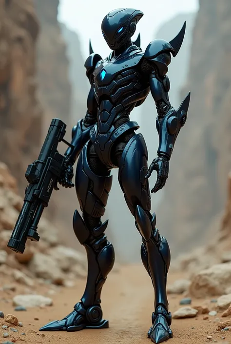 create an alien robot with an athletic body with several weapons in his flashy dark suit to defend himself, with a small blue diamond on his chest