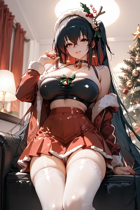 Taihou azur lane, black hair, red eyes, Wearing a Christmas outfit, shiny red skirt, tight black top with white embroidery, white tights, bigboobs, 