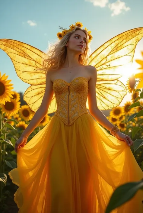  the Sunflower Fairy, a radiant being who captures the essence of summer. Her floor-length intricate gown is crafted from flowing silk and tulle in vibrant shades of golden yellow and amber with matching accessories. The bodice is intricately embroidered w...