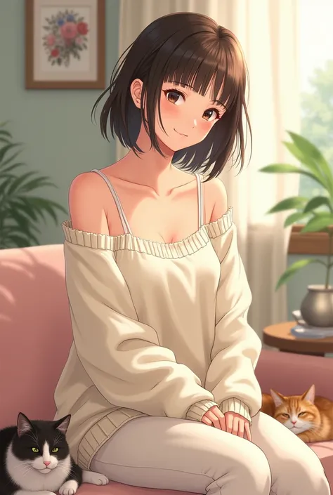 The female character is about 28-29 years old, a graceful woman, calm and there is a blush under her eyes, with adult female charm and 2D manwha model art style 
The characters in the image are wearing loose, off-shoulder cream-colored sweaters, giving the...