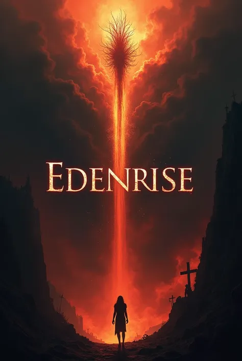 You have the cover of a musical album , That a silhouette of a person is falling towards hell with the name of Edenrise up in the center 