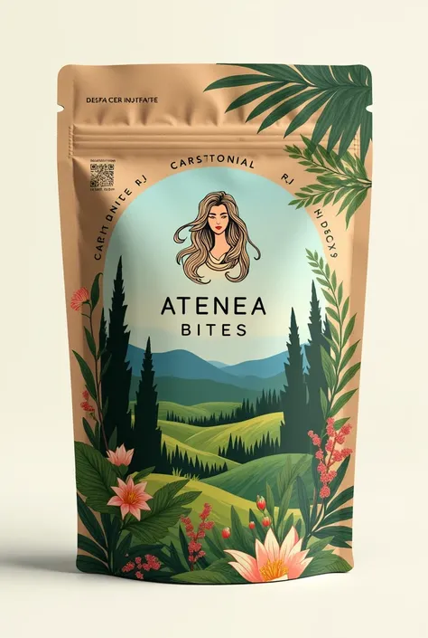 Create a design to be printed on a kraft paper bag of products such as natural snacks for dogs, the brand of the product is called Atenea bites 