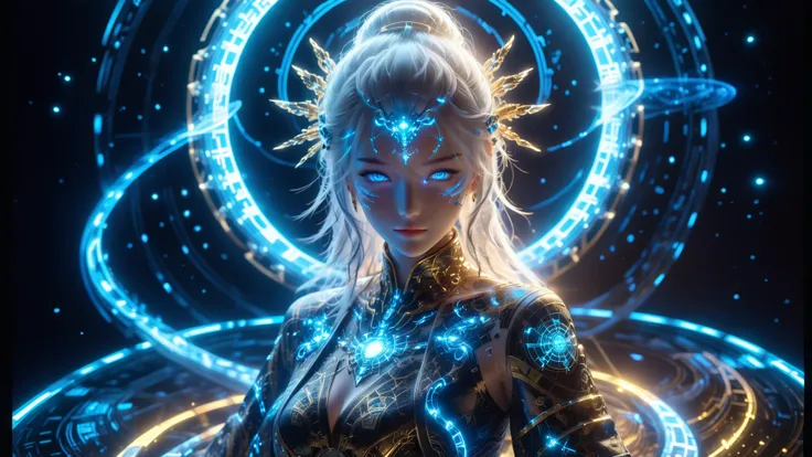 A Masterpiece In 32K Resolution, Supreme Quality, Super Detail, Official Art, Very High-Resolution 32K Wallpaper, Beautiful And Aesthetic, Ultra-Detailed Features, Awe-Inspiring Detail. A Majestic Anime Cyber Goddess Floating In Space, Surrounded By A Halo...