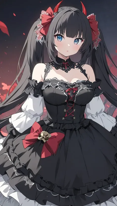  Anime Girl in a Dress with Horns and Skulls , ( Lolita Dress, gothic maiden  anime girl ,  A cute anime wife is wearing a lovely dress,   anime Moe art style ,  anime girl  wearing a black dress, Nightcore, ( anime girl ), Anime Style 4k, Slightly rounded...