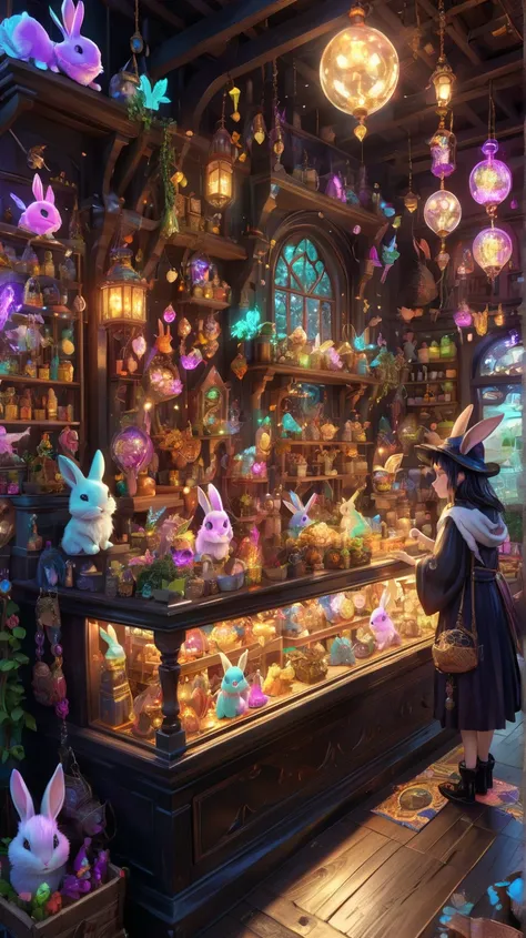 Whimsical witchs familiar shop, bunny-eared apprentice choosing magical pet, floating cages with cute mythical creatures, mischievous shopkeeper fairy, glowing crystal price tags, detailed magical accessories, soft pastel interior --ar 9:16 --stylize 1000 ...