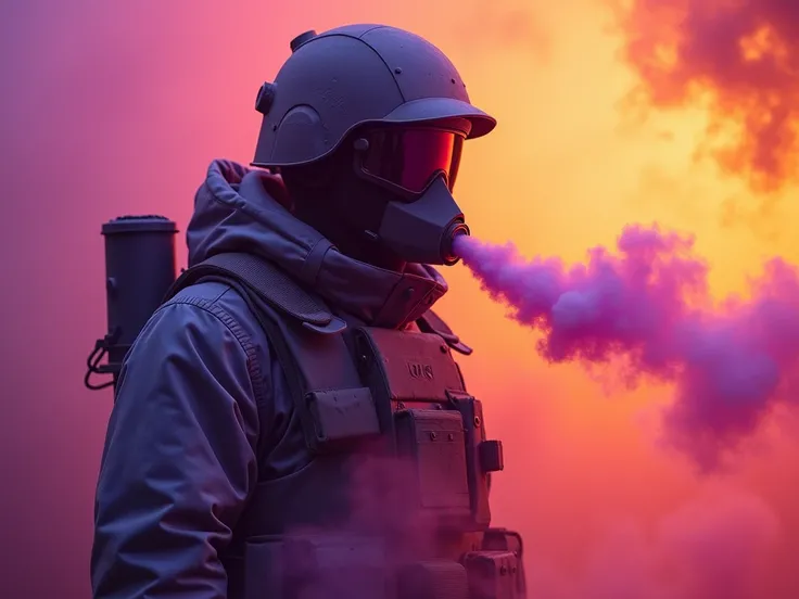 Now create smoke or toxic gases and a soldier with an inhaler with the daring and fun style with futuristic elements,  elements that use vibrant colors such as dark purple and apricot orange in a spectacular gradient to create a strong visual impact.