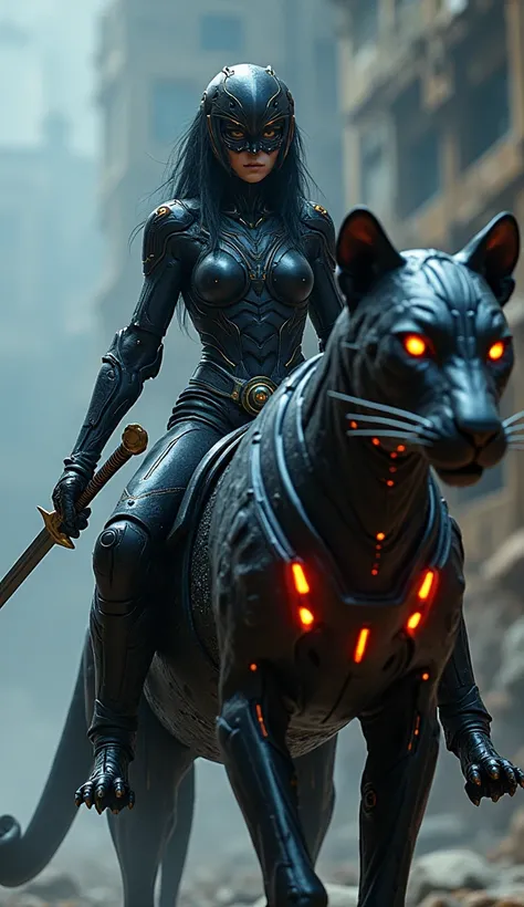 A stunning armoroid lady equipped with a sword and shield, riding on a space android black leopard, highly intricate details, vibrant colors, (best quality,4k,8k,highres,masterpiece:1.2),ultra-detailed,(realistic,photorealistic,photo-realistic:1.37),detail...