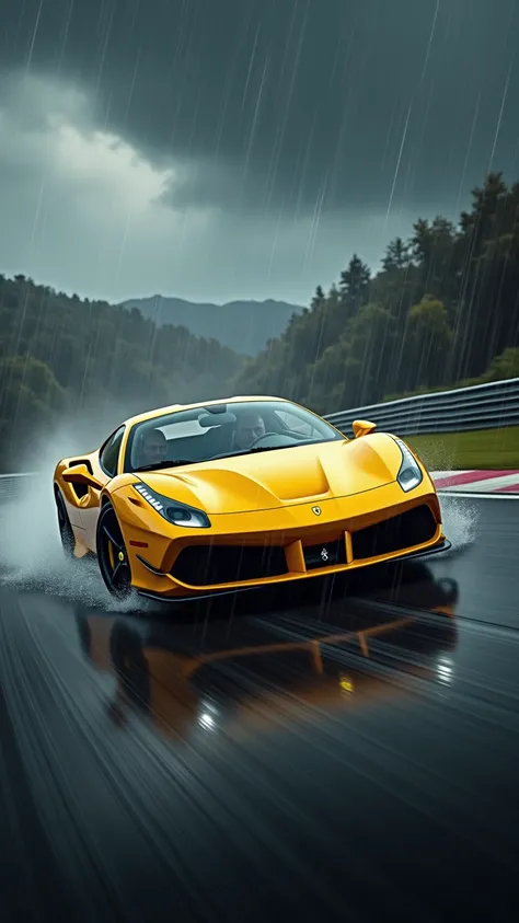 Make a video of a yellow Ferrari riding in the rain on a racetrack