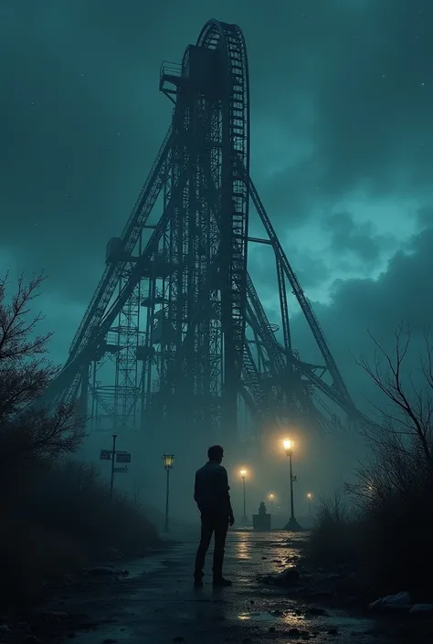 Man near a roller coaster at an empty amusement park at night 